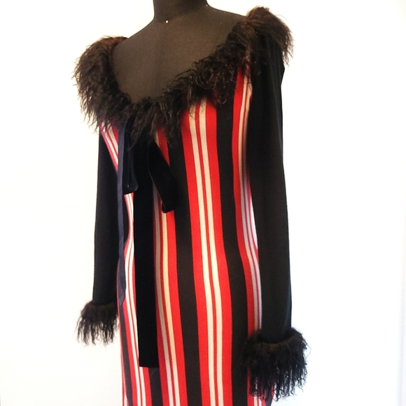 RARE Vintage Jean Paul Gaultier Red Stripe Mangolian Fur Bow Midi Dress - Picture 5 of 13